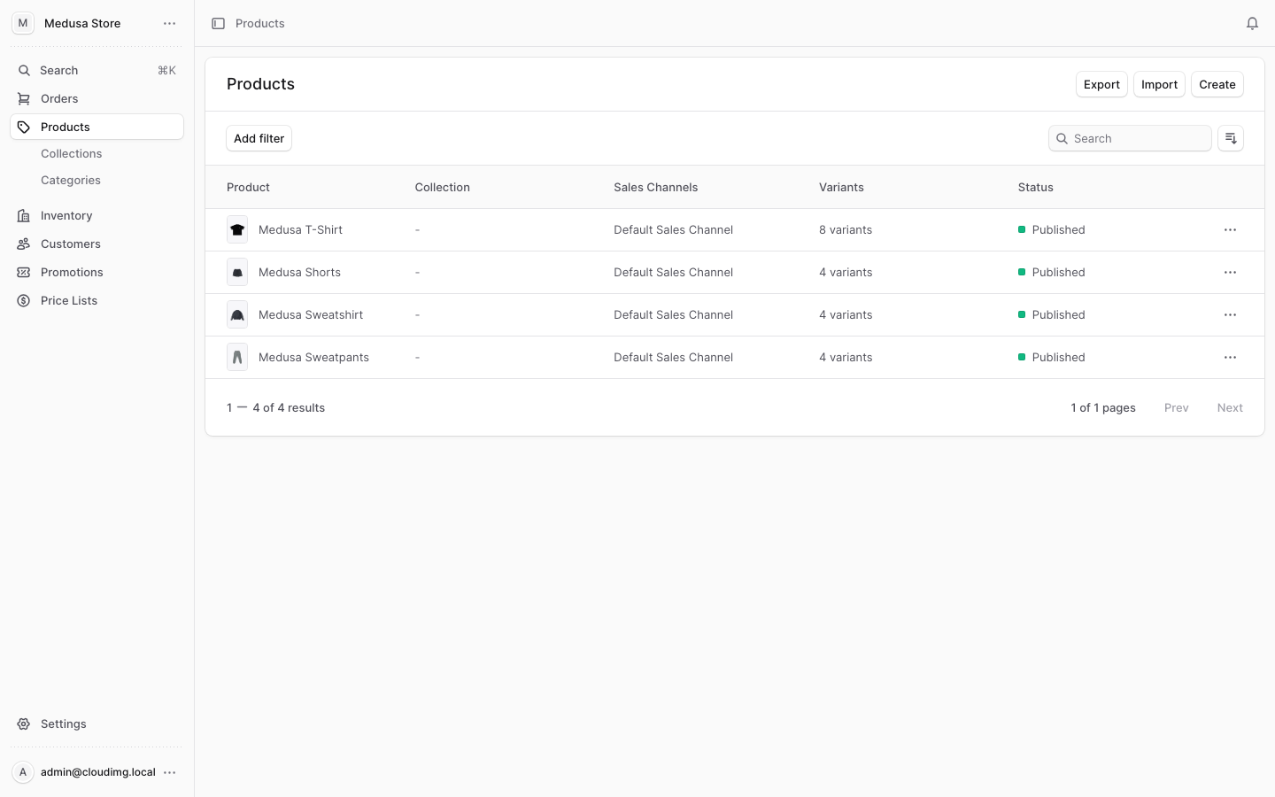 The Medusa Admin product catalogue view