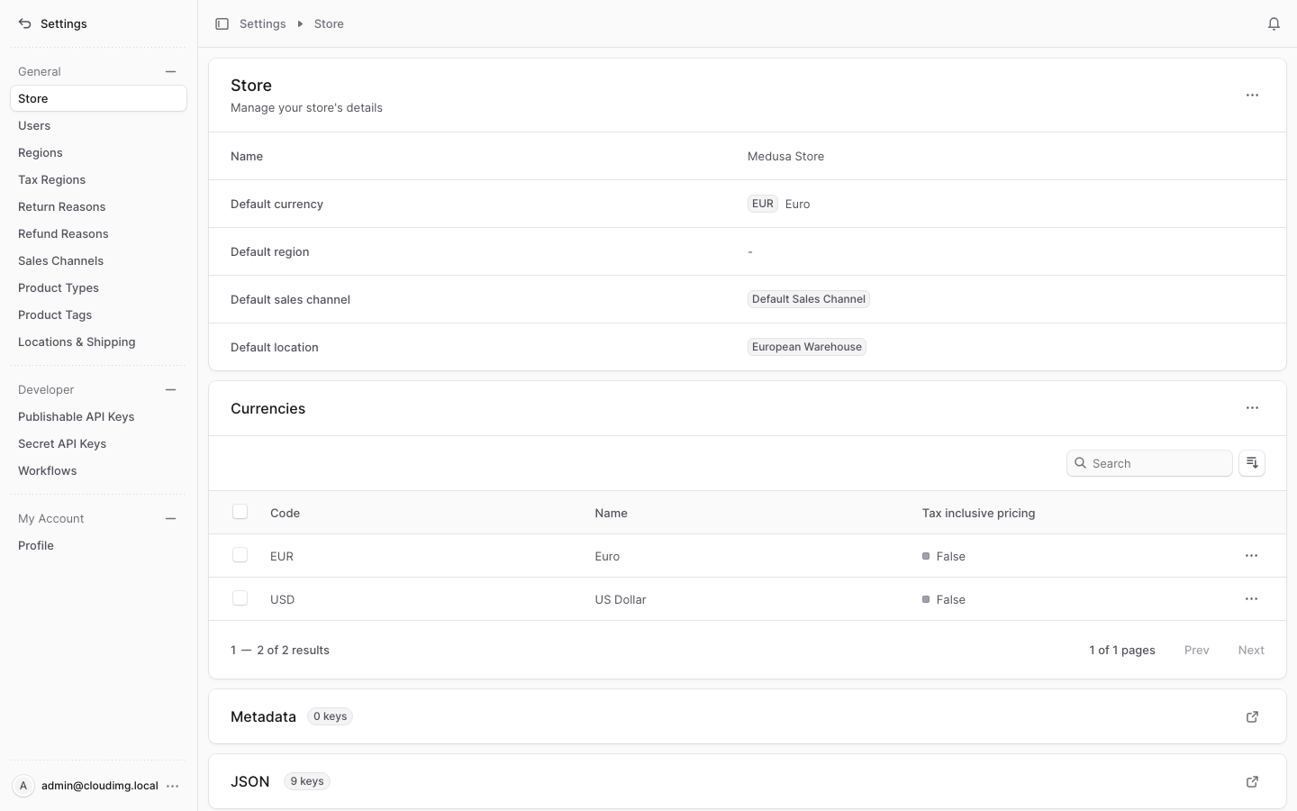 The Medusa Admin settings view