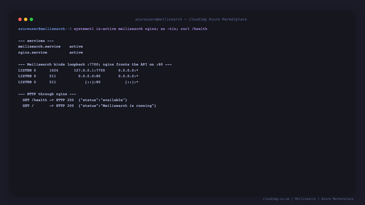 Terminal showing the meilisearch and nginx services active, Meilisearch bound to loopback 7700 with nginx fronting port 80, and the health endpoint returning available