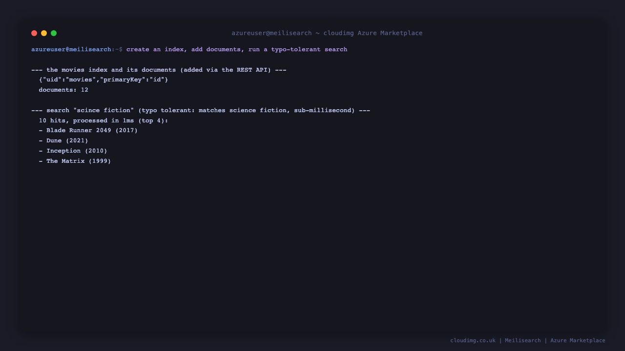 Terminal showing the movies index with its documents and a typo tolerant search for scince fiction returning ten matching science fiction films in one millisecond