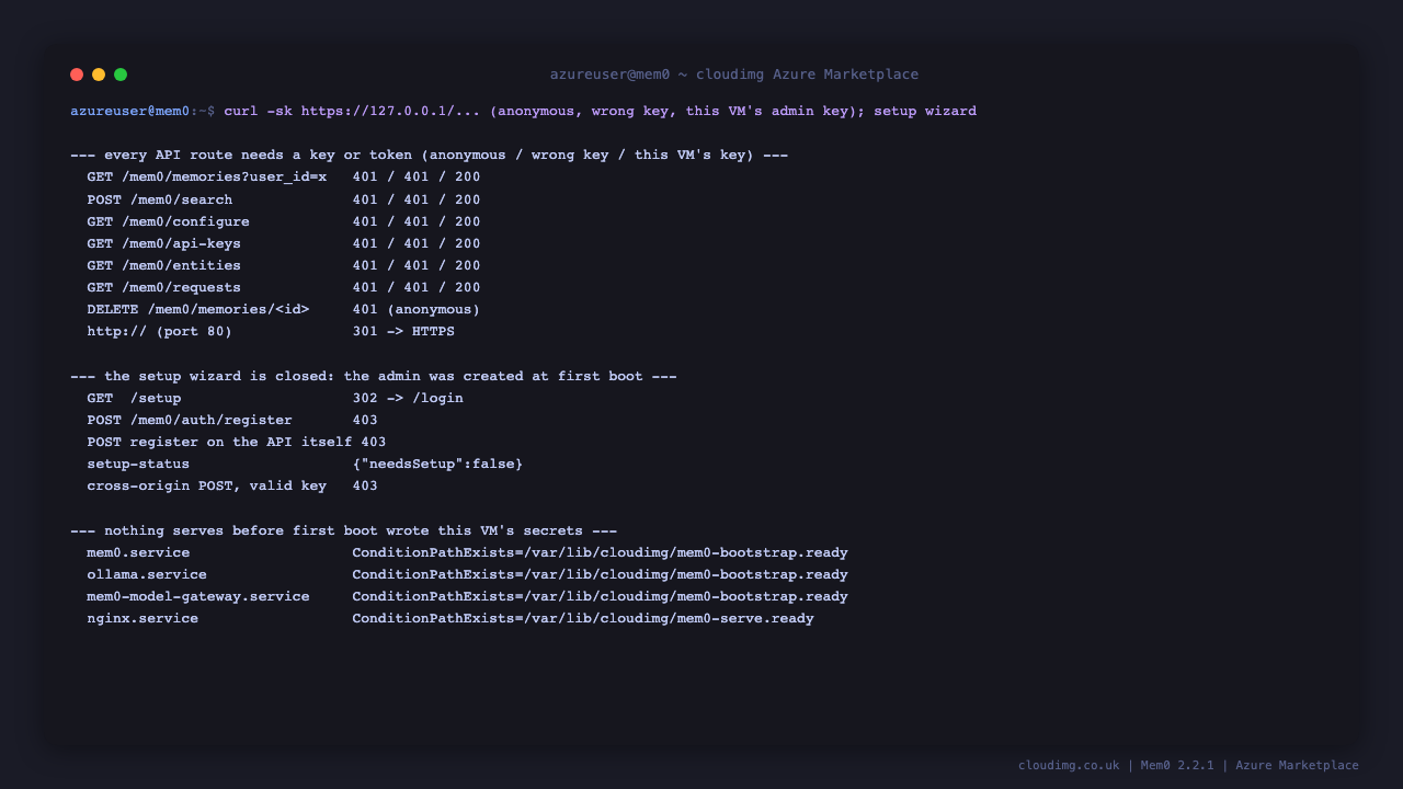 Every API route refusing anonymous and wrong-key requests and accepting this VM's key, the setup wizard and registration closed, a cross-origin request refused, and the first-boot conditions on each service