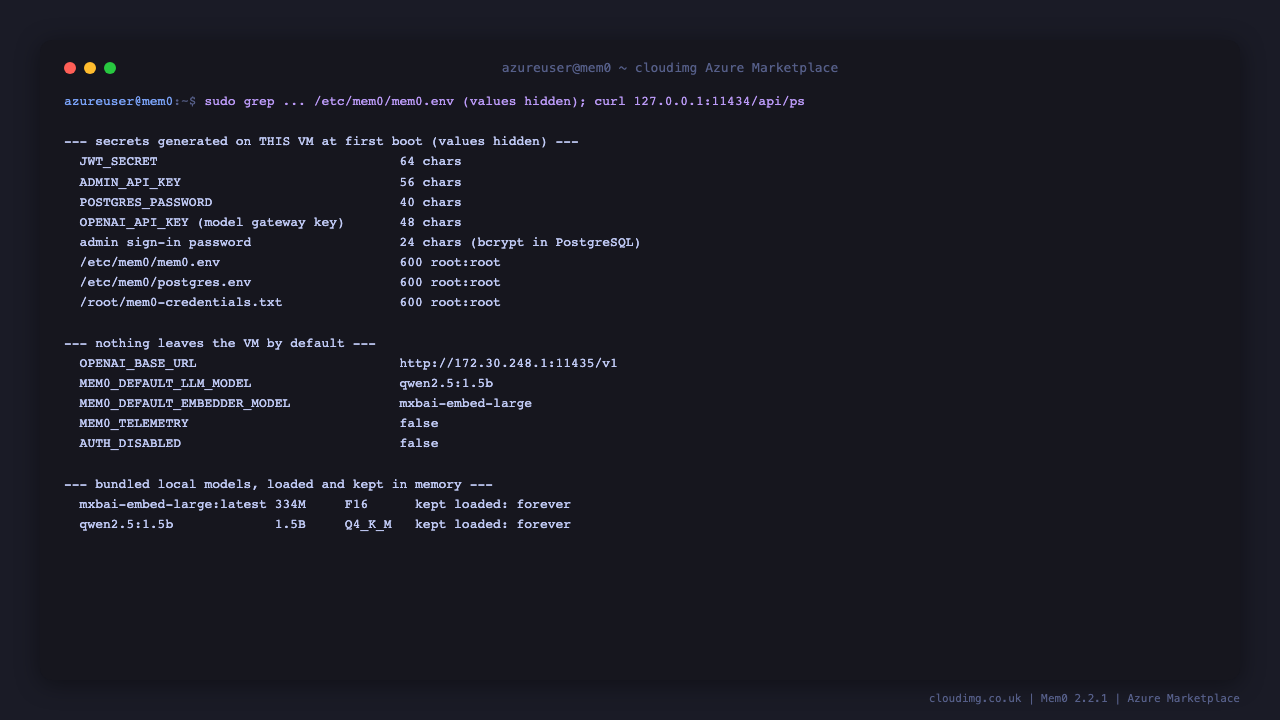 The per-VM secrets with their values hidden, the root-only file modes, the settings that keep everything on the VM, and both local models kept loaded
