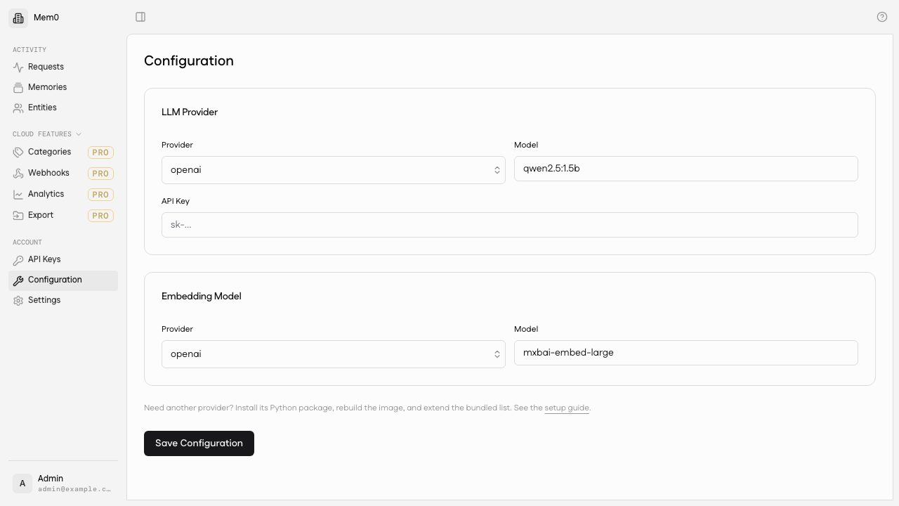 The Mem0 Configuration page with the local qwen2.5:1.5b model as the LLM and mxbai-embed-large as the embedding model