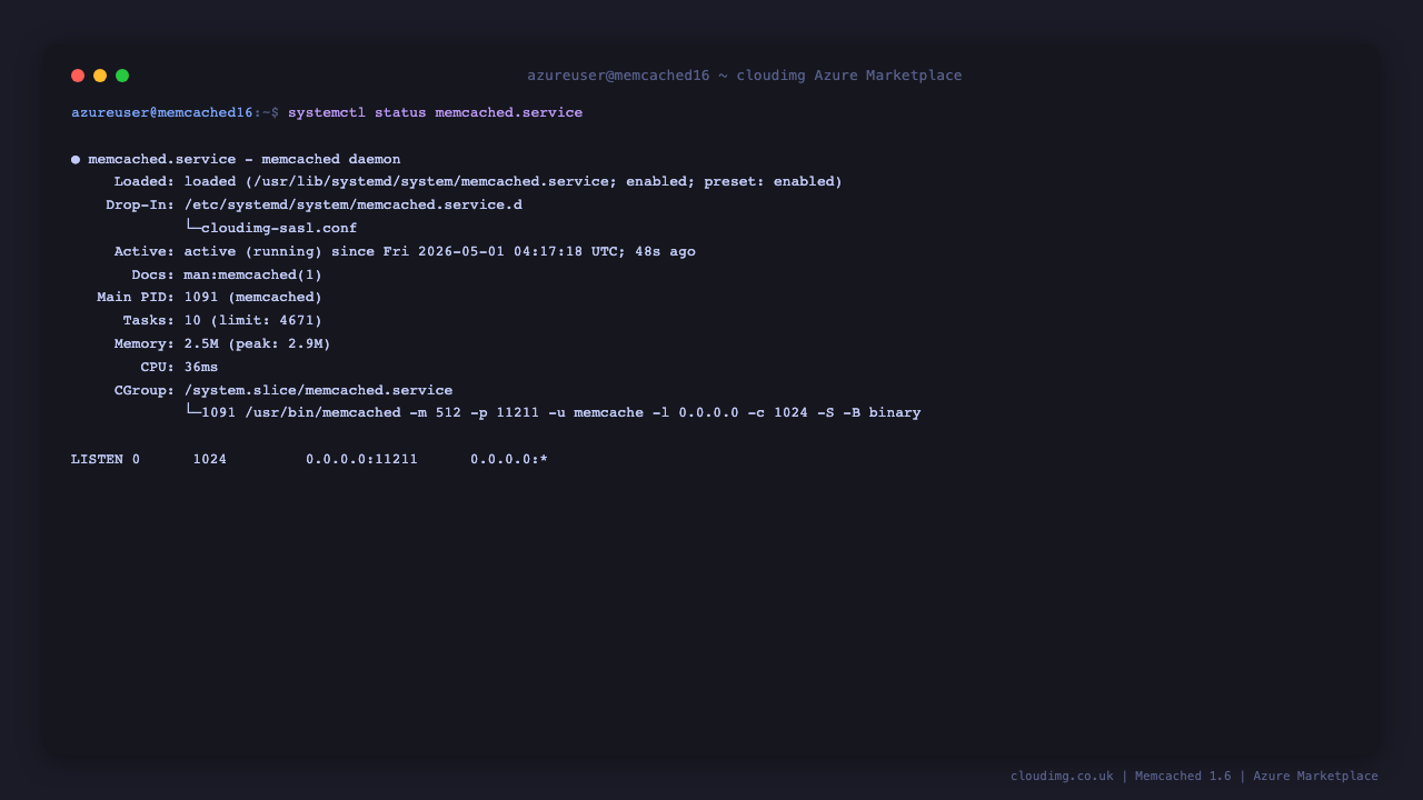 memcached.service active (running) with TCP 11211 bound on 127.0.0.1 and SASL authentication enforced