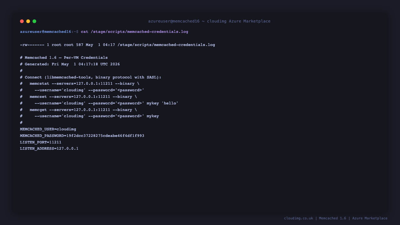 /stage/scripts/memcached-credentials.log (mode 0600 root) showing the per-VM SASL user and password generated at first boot