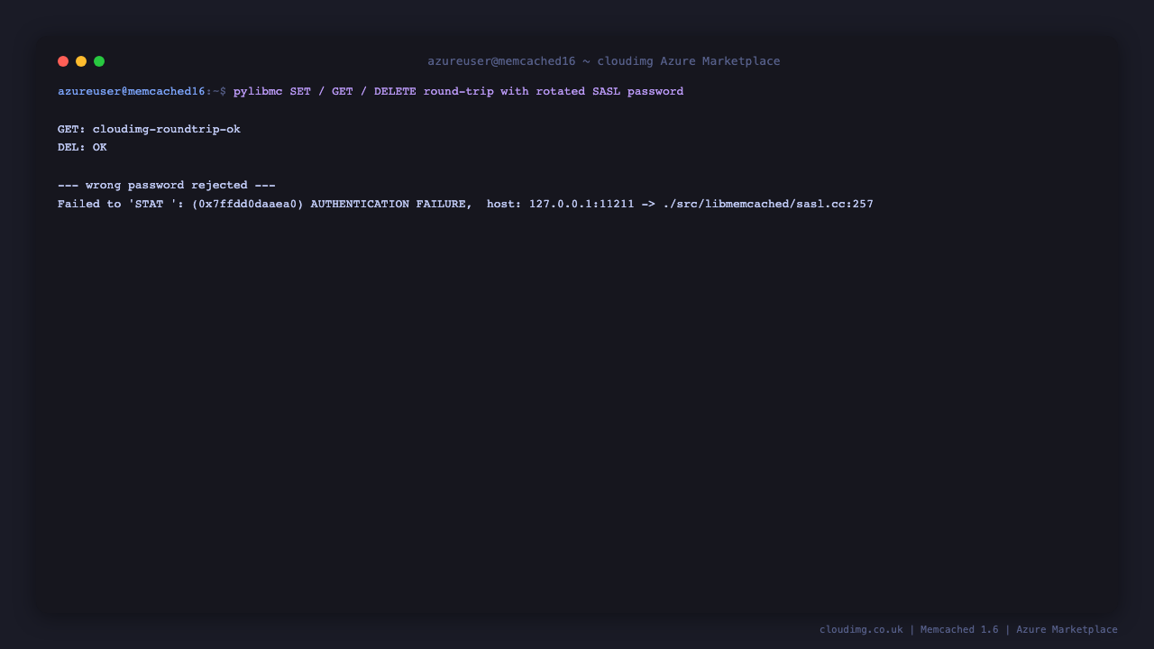 Memcached 1.6.24 stats version line; pylibmc SET / GET / DEL round-trip on cloudimg:probe key returns OK / cloudimg-ok / done