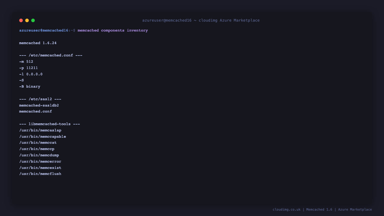 Memcached 1.6 components inventory: memcached binary, memcached.conf with -S flag, /etc/sasl2 SASL config, memcached-firstboot.service, libmemcached-tools and python3-pylibmc preinstalled