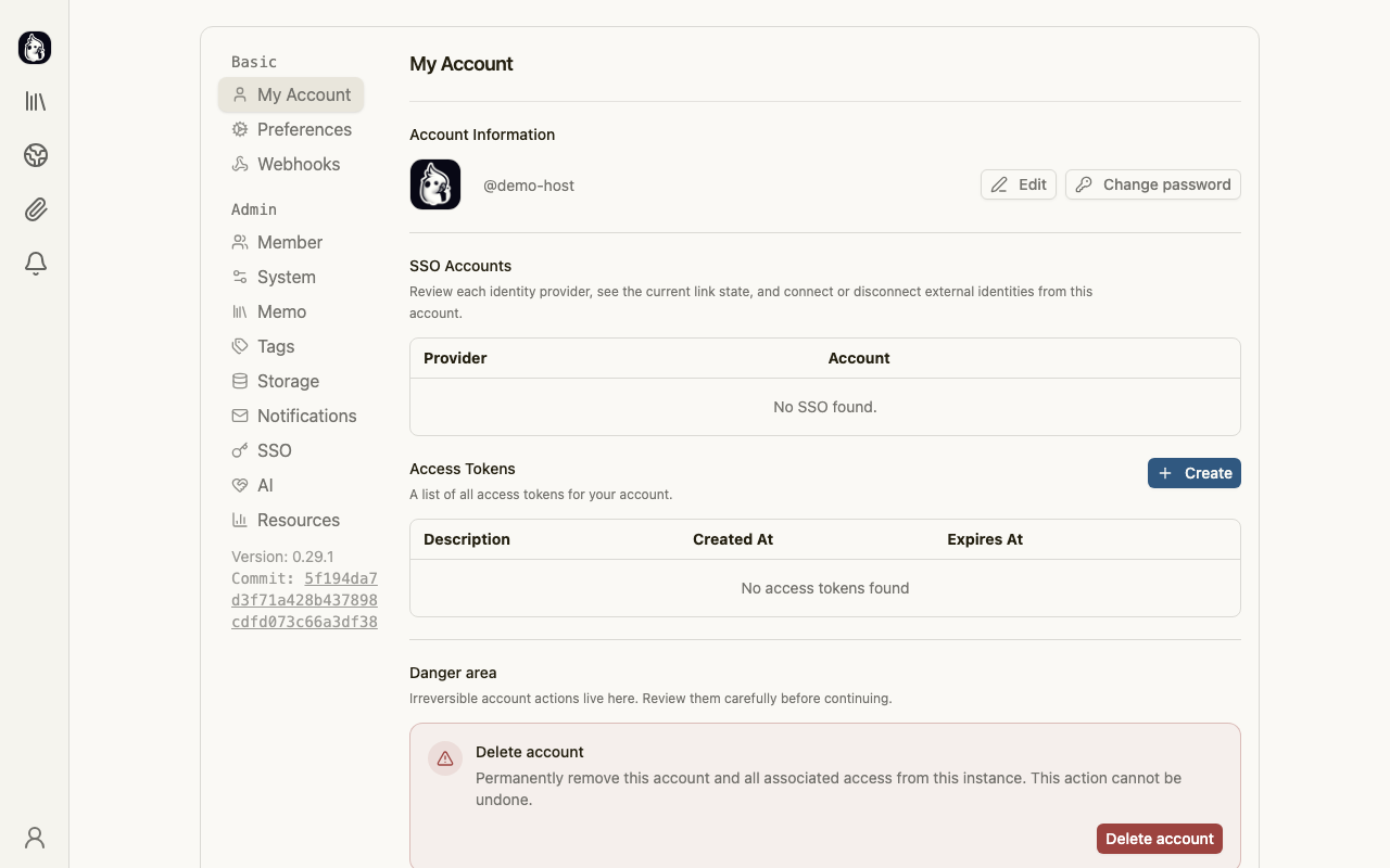 Memos workspace settings - account, members, storage and access tokens