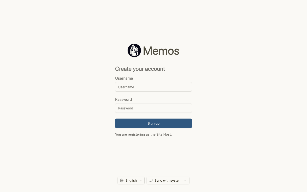 Memos first-run host sign-up form