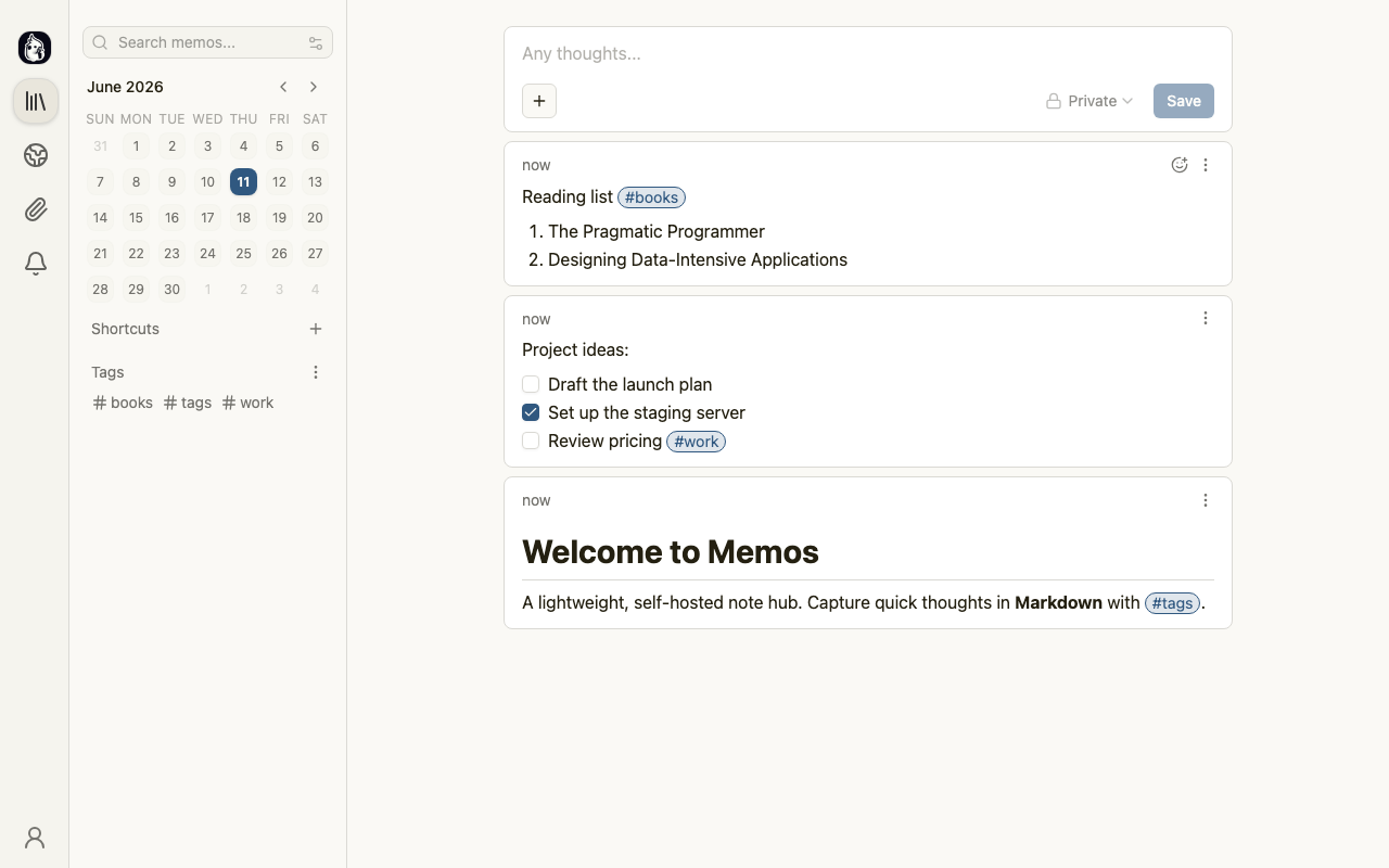 The Memos timeline with Markdown notes, task lists and tags
