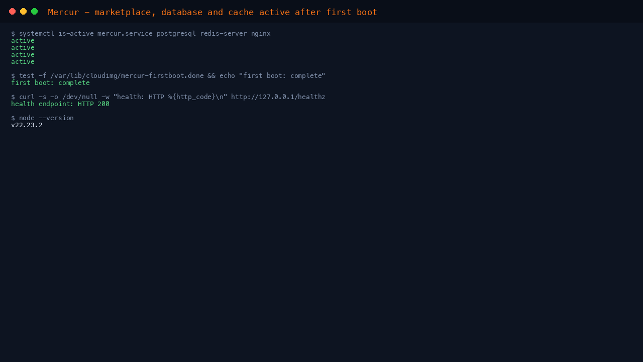 Terminal output showing mercur.service, PostgreSQL, Redis and nginx all reporting active, first boot complete, and the health endpoint returning HTTP 200