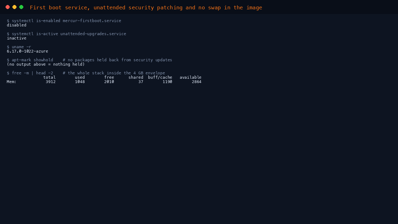 Terminal output showing the first boot service enabled, unattended upgrades active, the running kernel, no packages held back from security updates, and the memory footprint of the whole stack