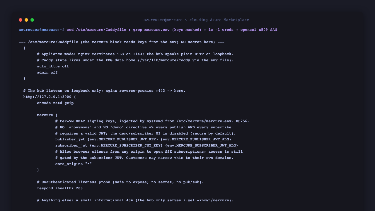 The Caddyfile mercure block with publisher_jwt and subscriber_jwt reading keys from the environment and no demo or anonymous directive, the mercure.env showing the per instance publisher and subscriber keys masked with HS256 algorithm, the root only credentials file listed with 0600 permissions, and the self signed certificate Subject Alternative Names covering this VM