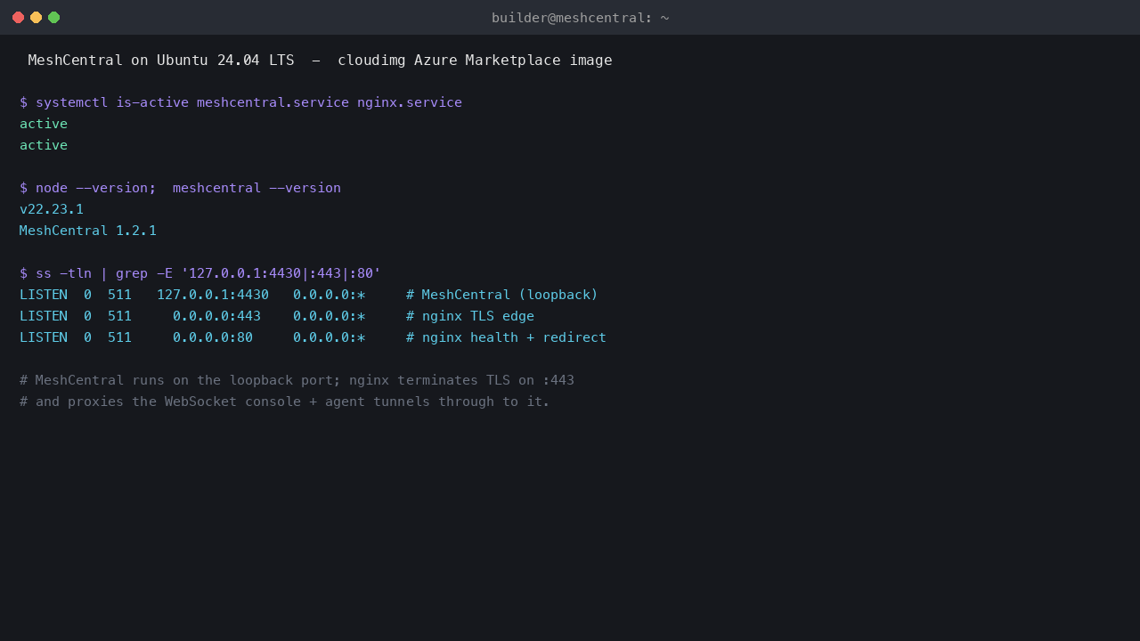 meshcentral.service and nginx.service active, the MeshCentral and Node versions, and the loopback 4430, 443 and 80 listeners