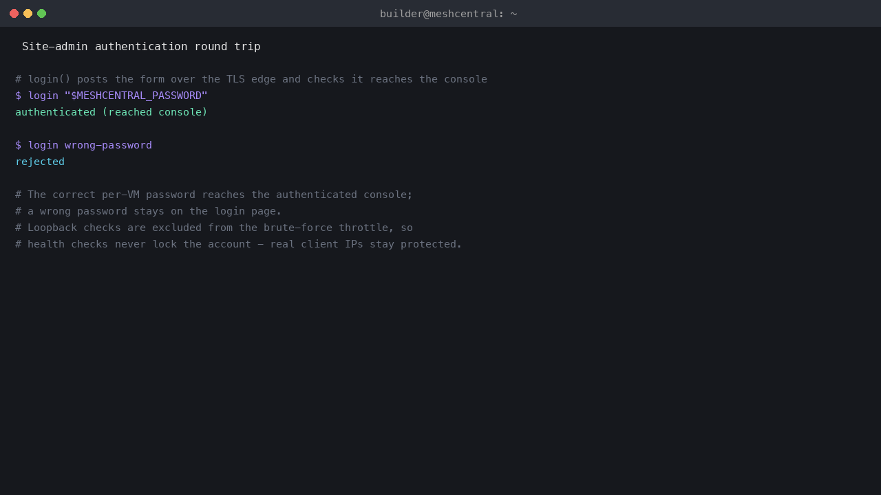 The admin authentication round trip: the correct per-VM password reaches the authenticated console and a wrong password is rejected on the login page