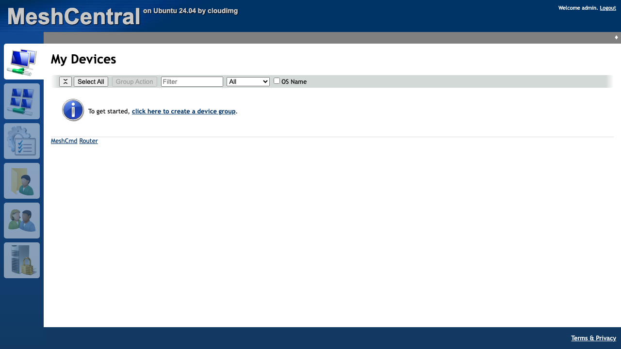 The MeshCentral My Devices console after signing in as the site administrator