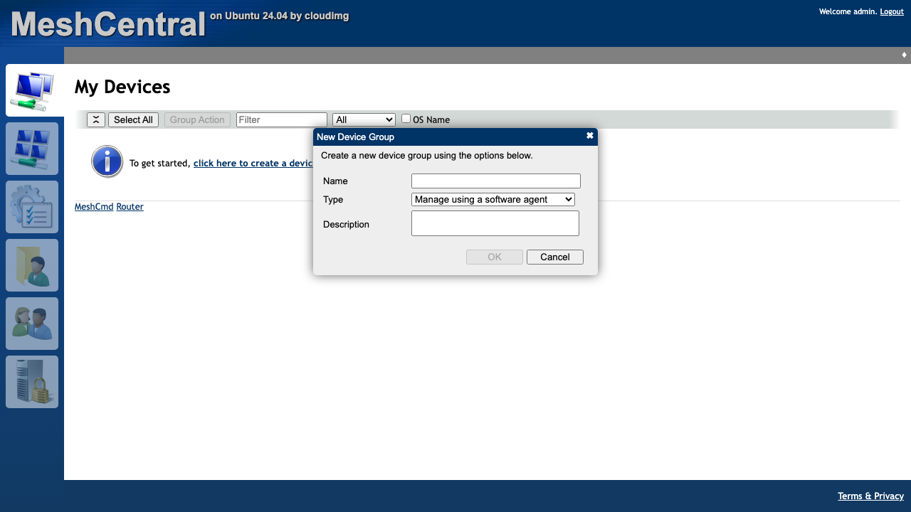 The MeshCentral add device group and agent installation panel listing the Windows, Linux and macOS agents