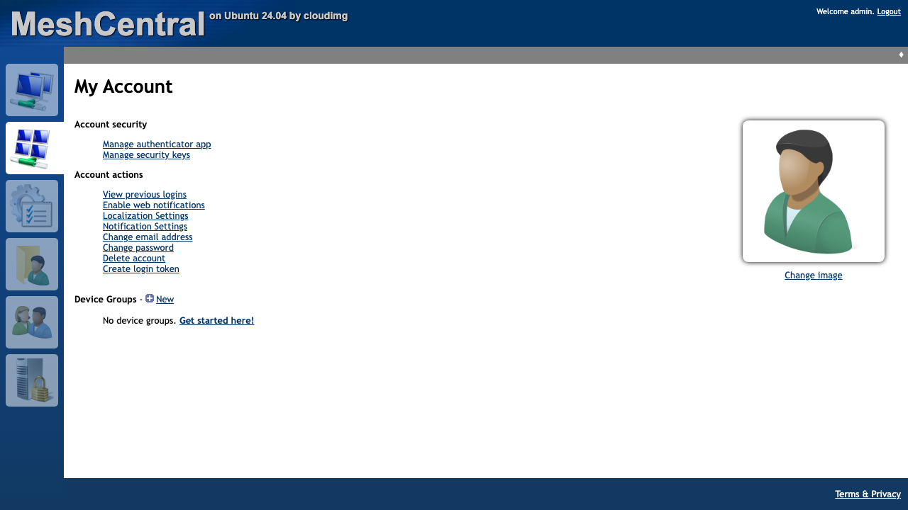 The MeshCentral My Account page showing account settings and security options for the site administrator