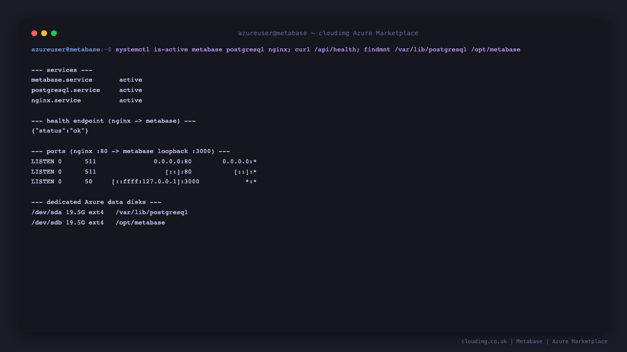 Metabase services active, health endpoint ok and the two dedicated data disks mounted
