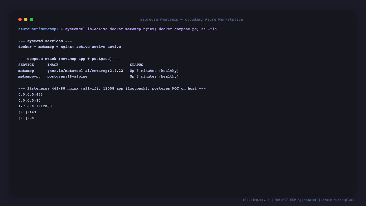 MetaMCP services active, app on loopback, Postgres not exposed on the host