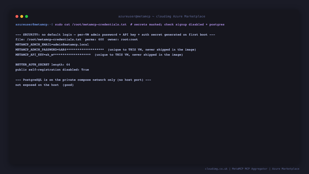 Per-VM secrets, signup disabled, and PostgreSQL private