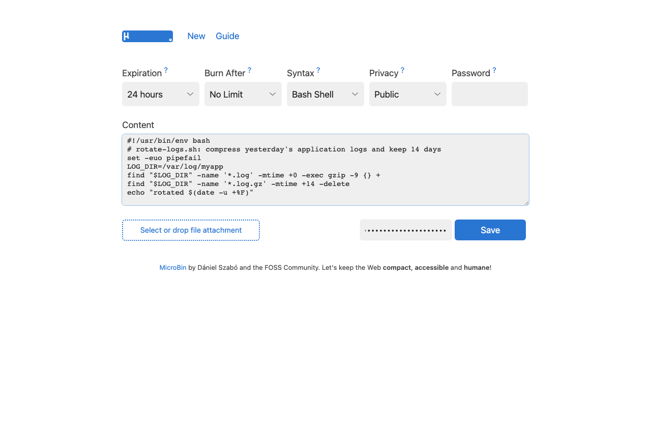 The MicroBin new paste page with a Bash script in the Content box, Syntax set to Bash Shell, Expiration 24 hours, Privacy Public and the uploader password entered next to the Save button
