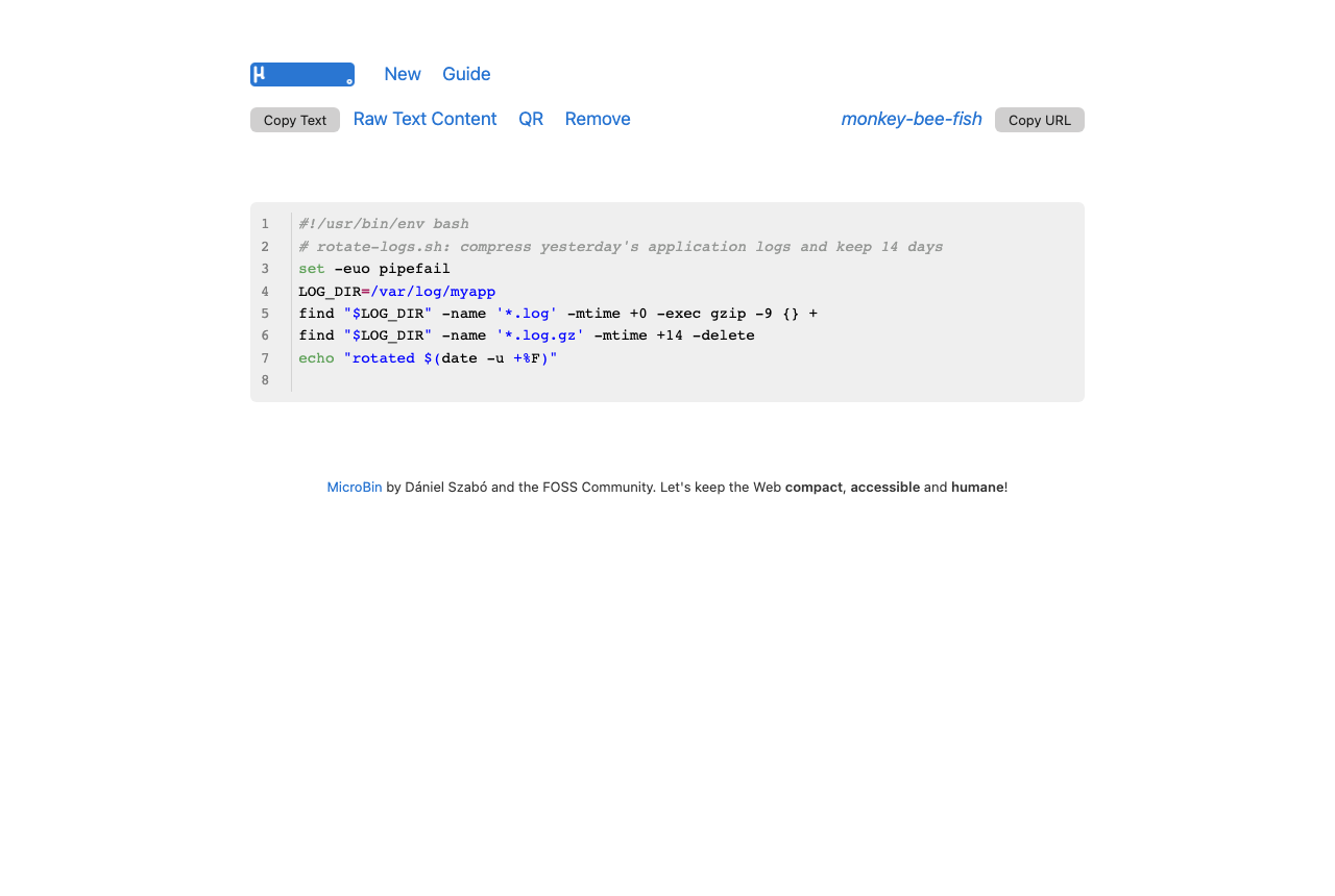 A shared MicroBin paste showing the Bash script with syntax highlighting and line numbers, with Copy Text, Raw Text Content, QR, Remove and Copy URL controls