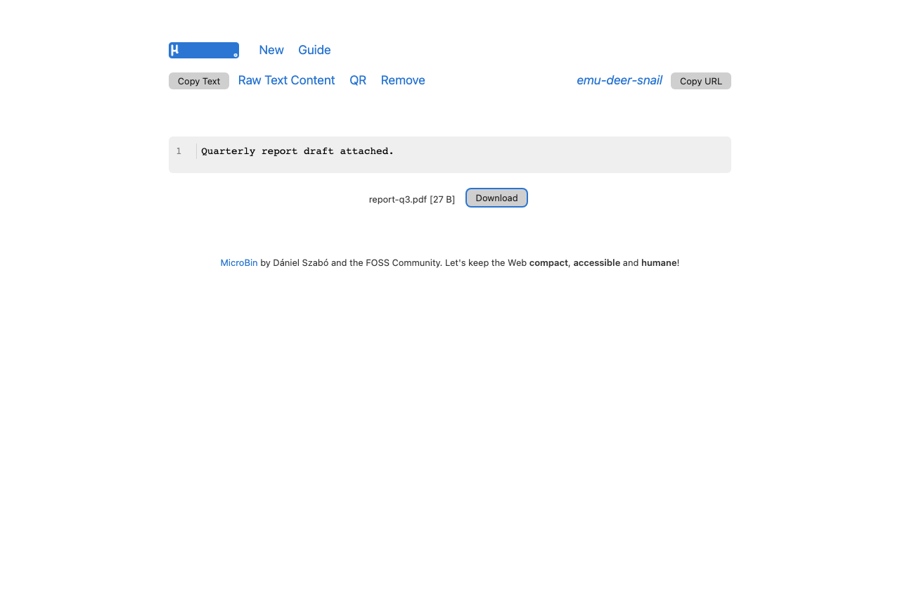 A MicroBin paste with the note Quarterly report draft attached and a report-q3.pdf attachment with a Download button