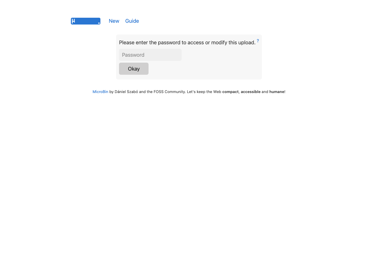 The MicroBin password prompt shown before a private paste can be read