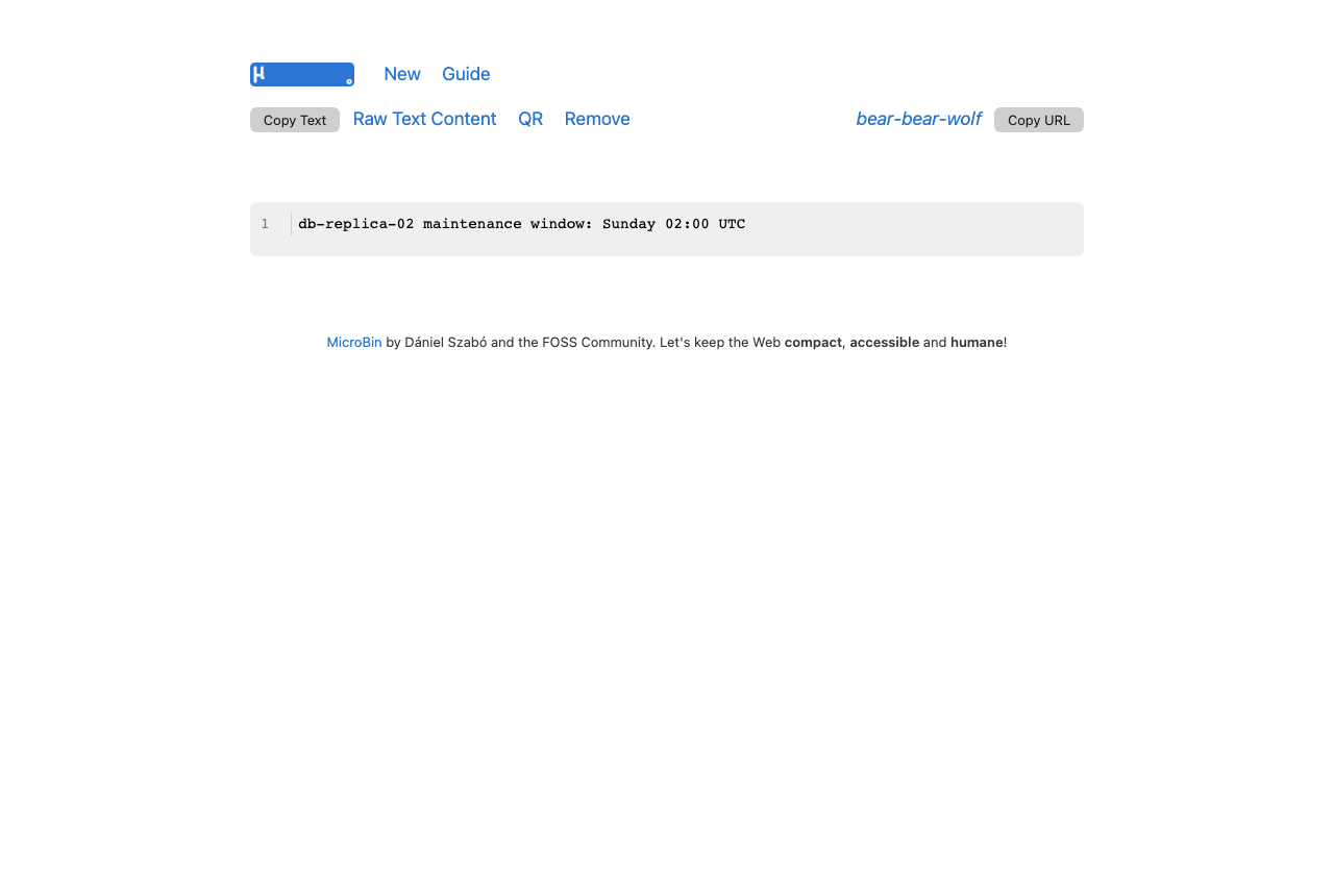 The private paste unlocked, showing a maintenance window note