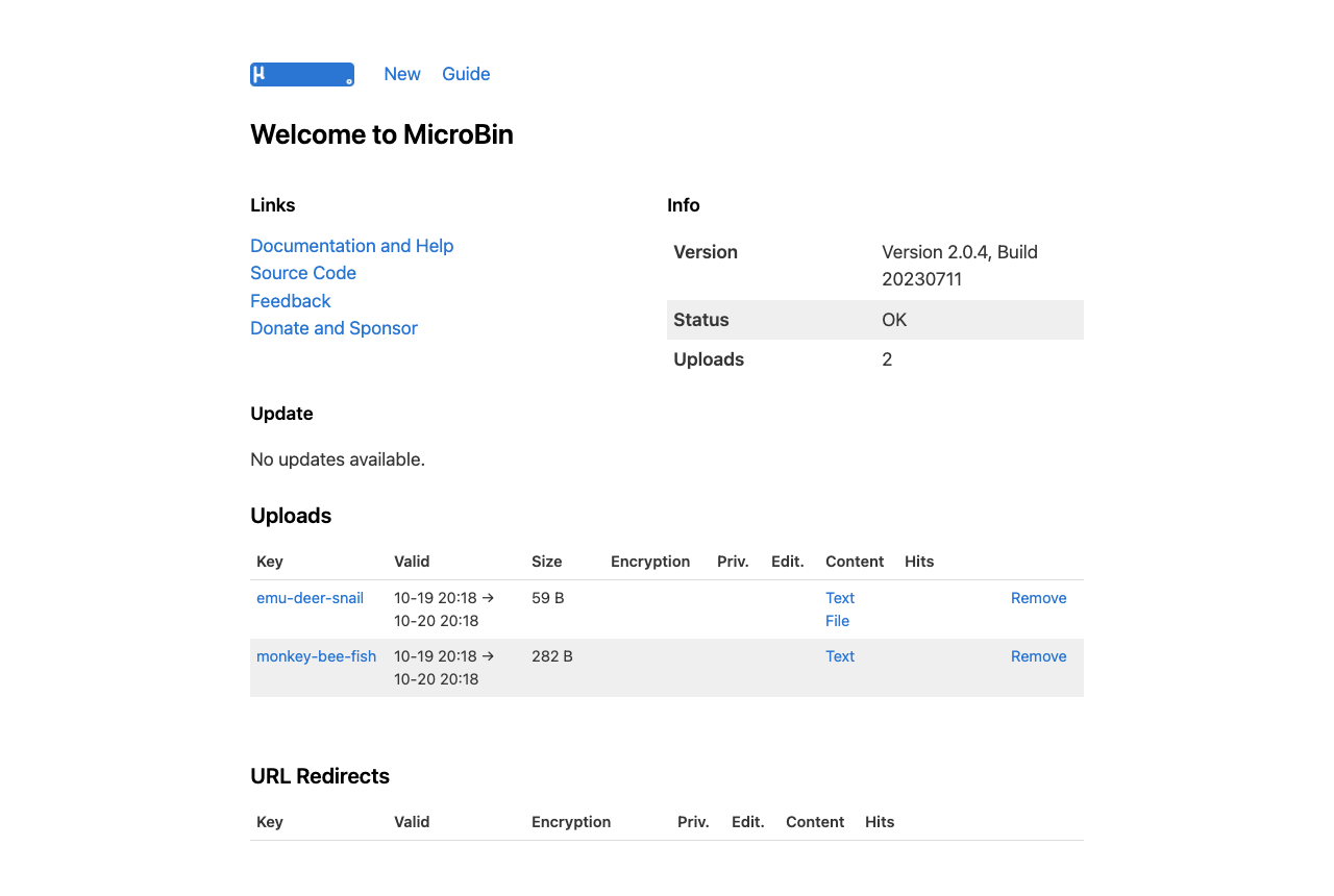 The MicroBin admin panel listing uploads with their keys, validity, size and content type, each with a Remove link