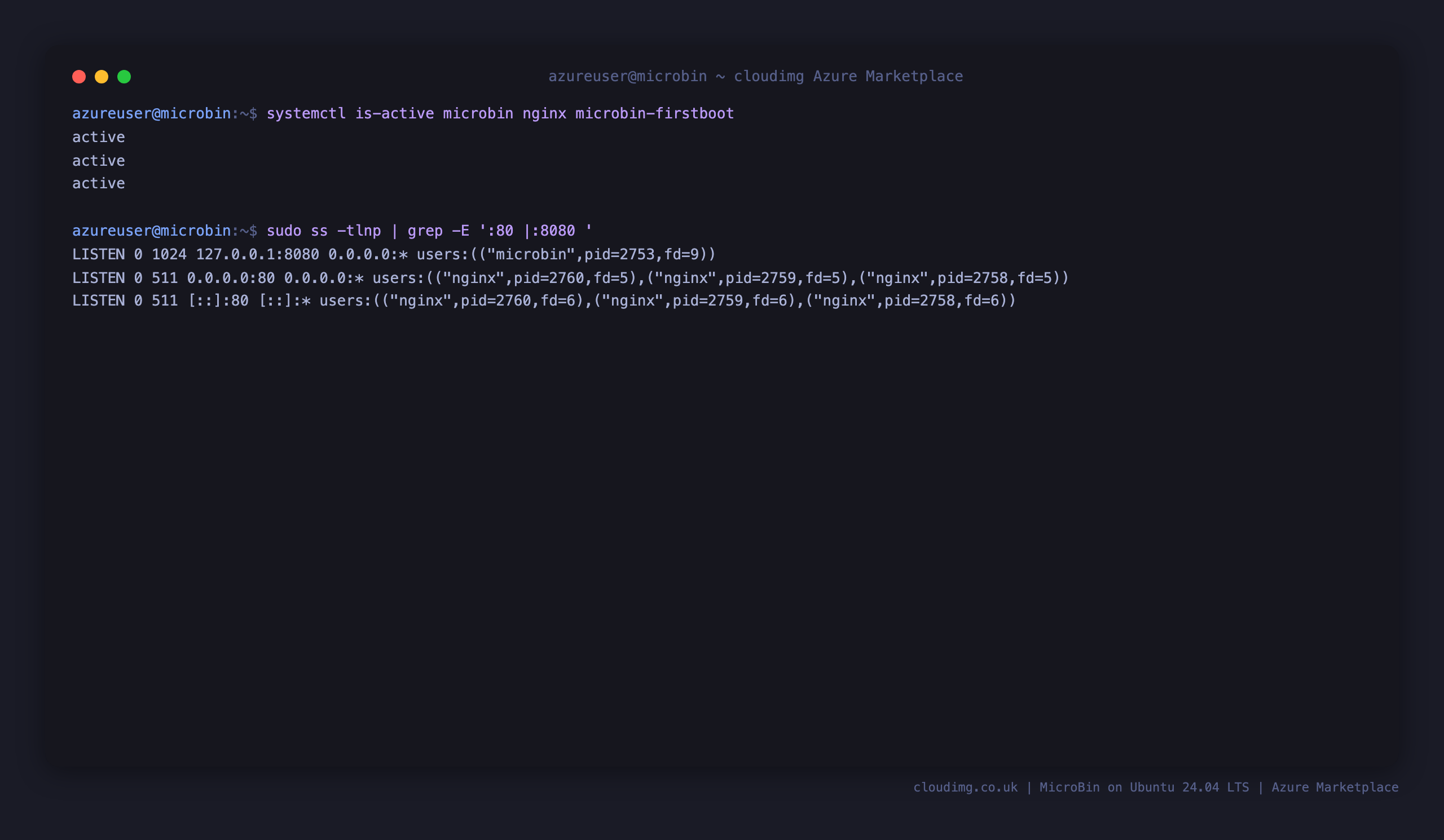 The microbin, nginx and microbin-firstboot services active, with nginx on port 80 and the MicroBin server bound to loopback 127.0.0.1:8080