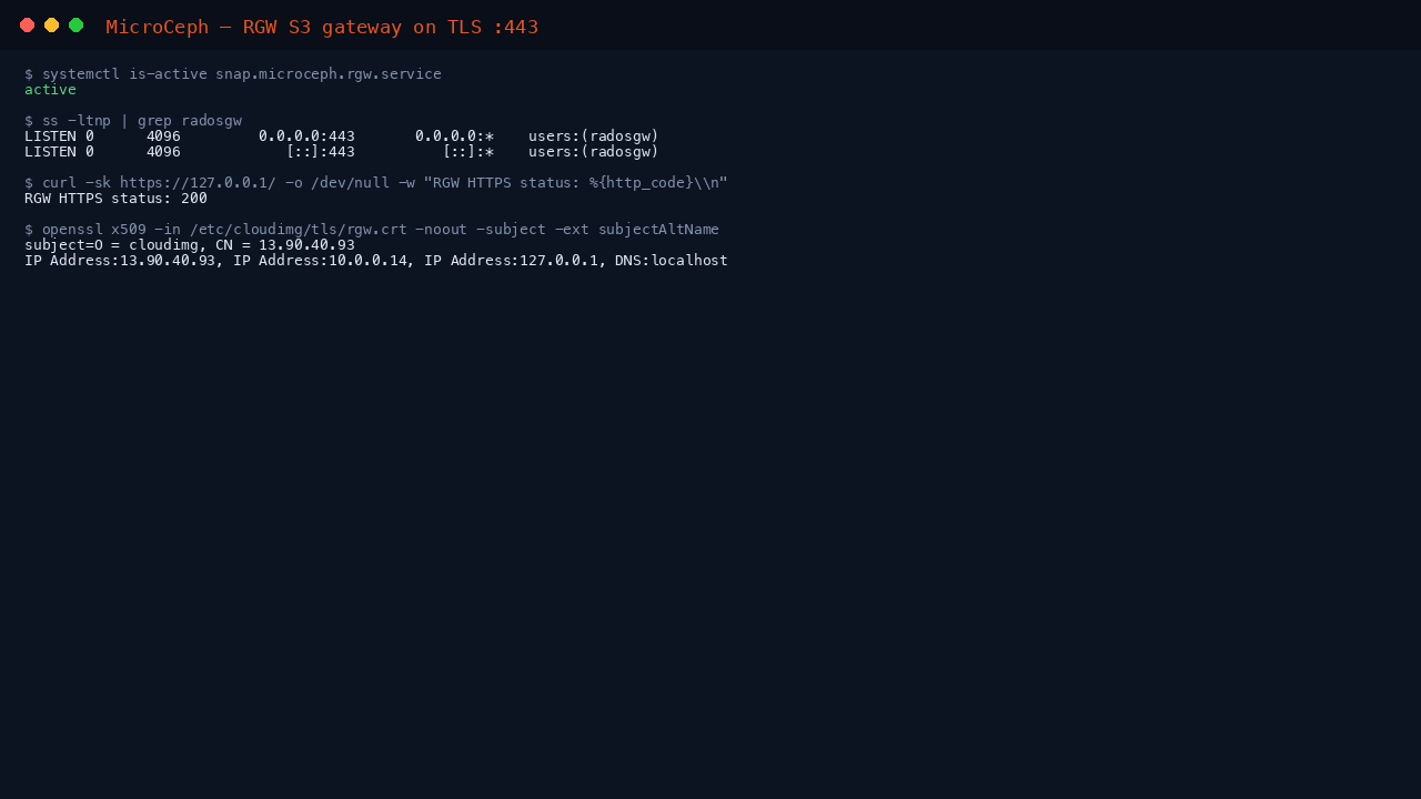 Terminal showing the RGW service reported active, radosgw listening on TCP port 443, an HTTPS request to the gateway returning status 200, and the per-VM self-signed certificate subject and subject alternative names covering the VM's public and private IP addresses