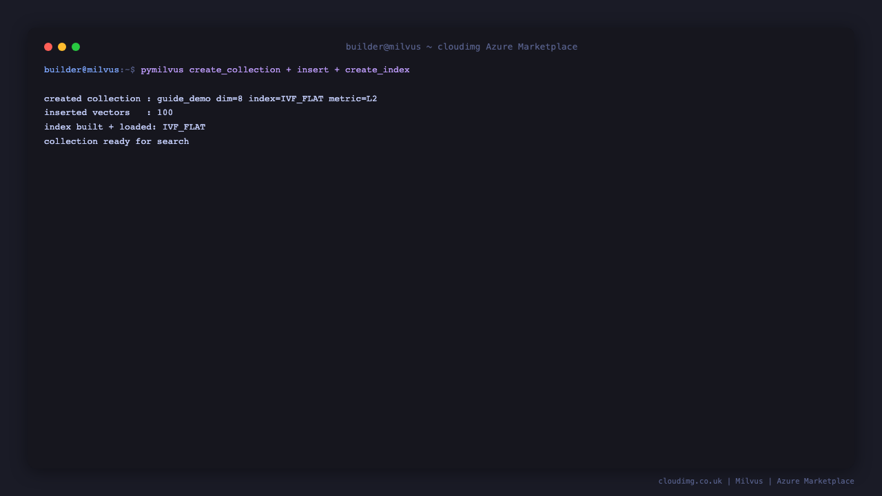 pymilvus creating a collection with a vector field, inserting embedding vectors and building an index on the authenticated gRPC API