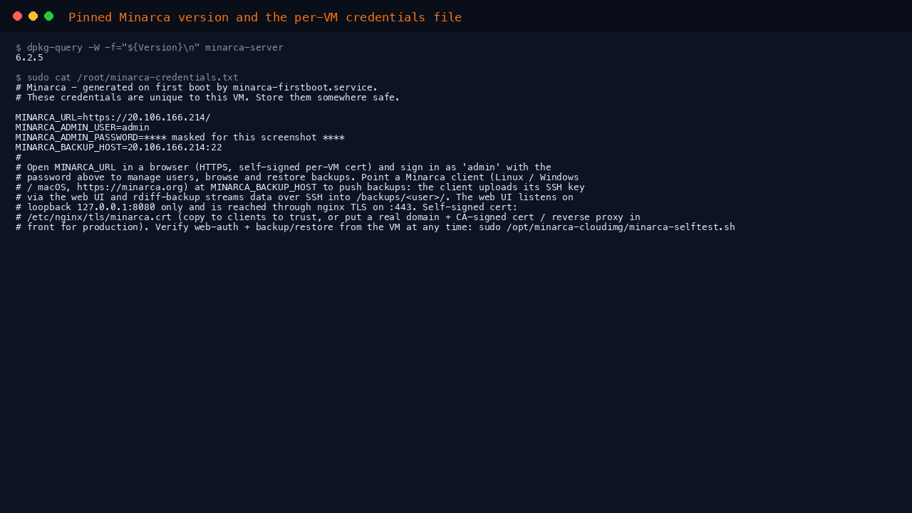 The installed Minarca package version 6.2.5 and the per-VM credentials file showing the MINARCA_URL, admin user, the generated MINARCA_ADMIN_PASSWORD masked, and the MINARCA_BACKUP_HOST for clients