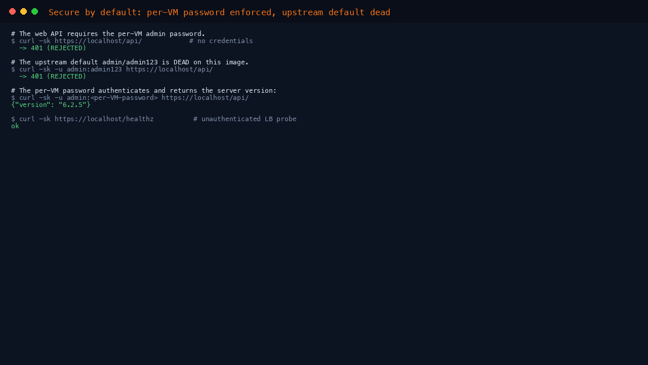 The Minarca REST API returning HTTP 401 with no credentials and HTTP 401 for the upstream default admin/admin123, then HTTP 200 with the per-VM password, and the unauthenticated healthz endpoint returning ok
