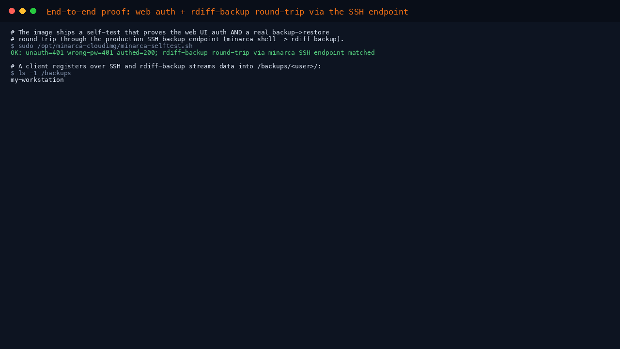The Minarca self-test reporting that unauthenticated and wrong-password requests are rejected, the per-VM password is accepted, and a real rdiff-backup backup and restore round trip through the SSH endpoint matched byte for byte, followed by the received repository listed under /backups