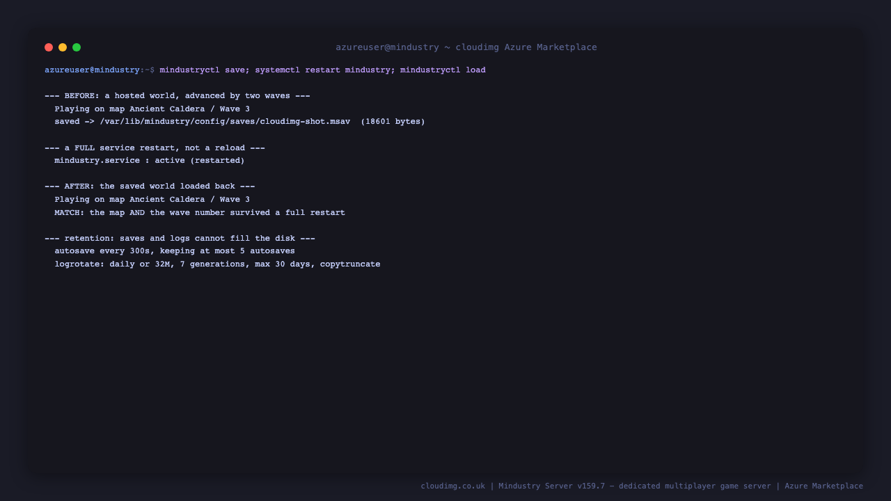 Terminal showing a hosted world advanced by two waves with its map and wave number recorded, the world saved to a msav file on disk with its byte size, a full systemctl restart of mindustry.service after which the service reports active, the saved world loaded back reporting the identical map and wave number, an explicit MATCH line confirming the map and the wave number survived a full restart, and the retention policy showing autosave every 300 seconds keeping at most 5 autosaves alongside logrotate configured for daily or 32M with 7 generations for at most 30 days using copytruncate