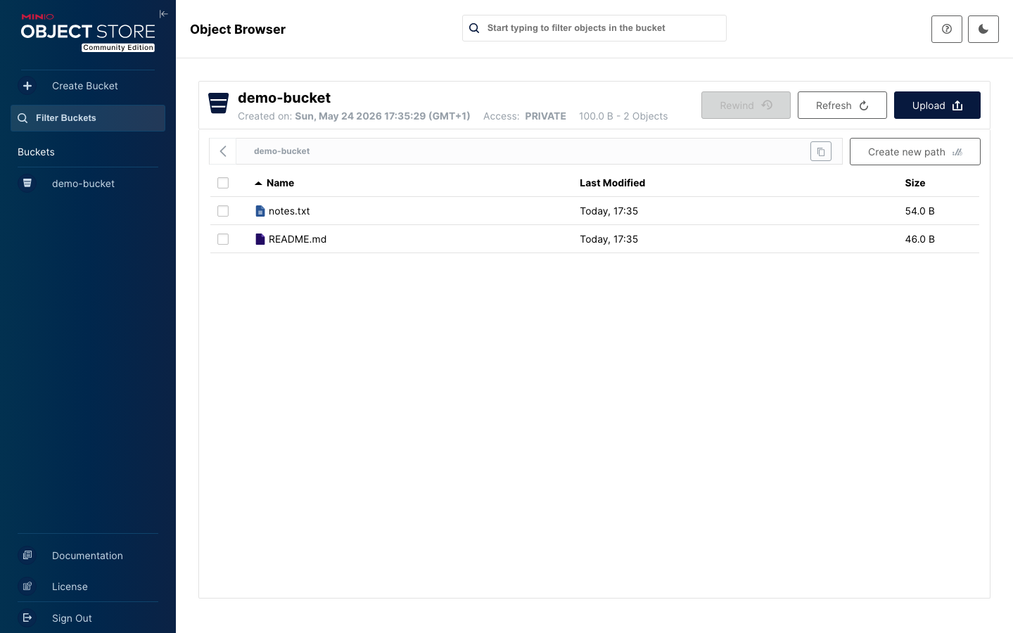 MinIO Console object browser