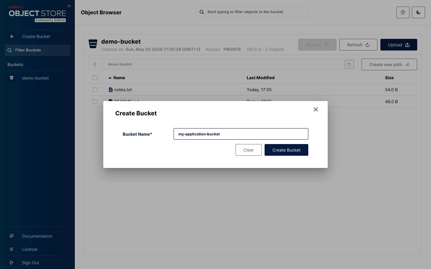 MinIO Console create bucket dialog
