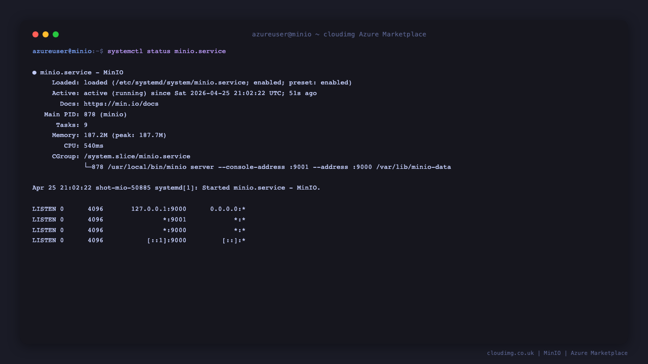 minio.service active and listening on TCP 9000 (S3 API) and 9001 (Console)
