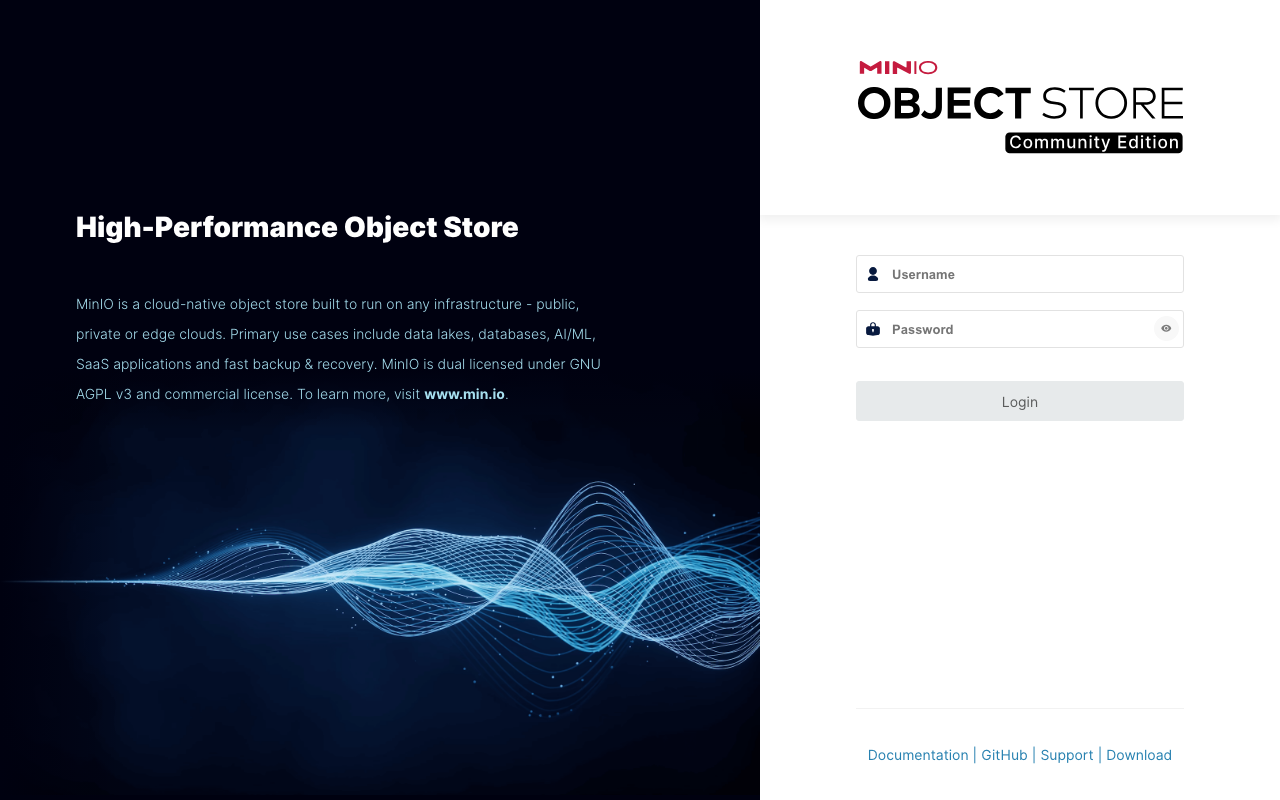 MinIO Console sign in page on a freshly deployed cloudimg VM, prompting for the root user access key and secret key