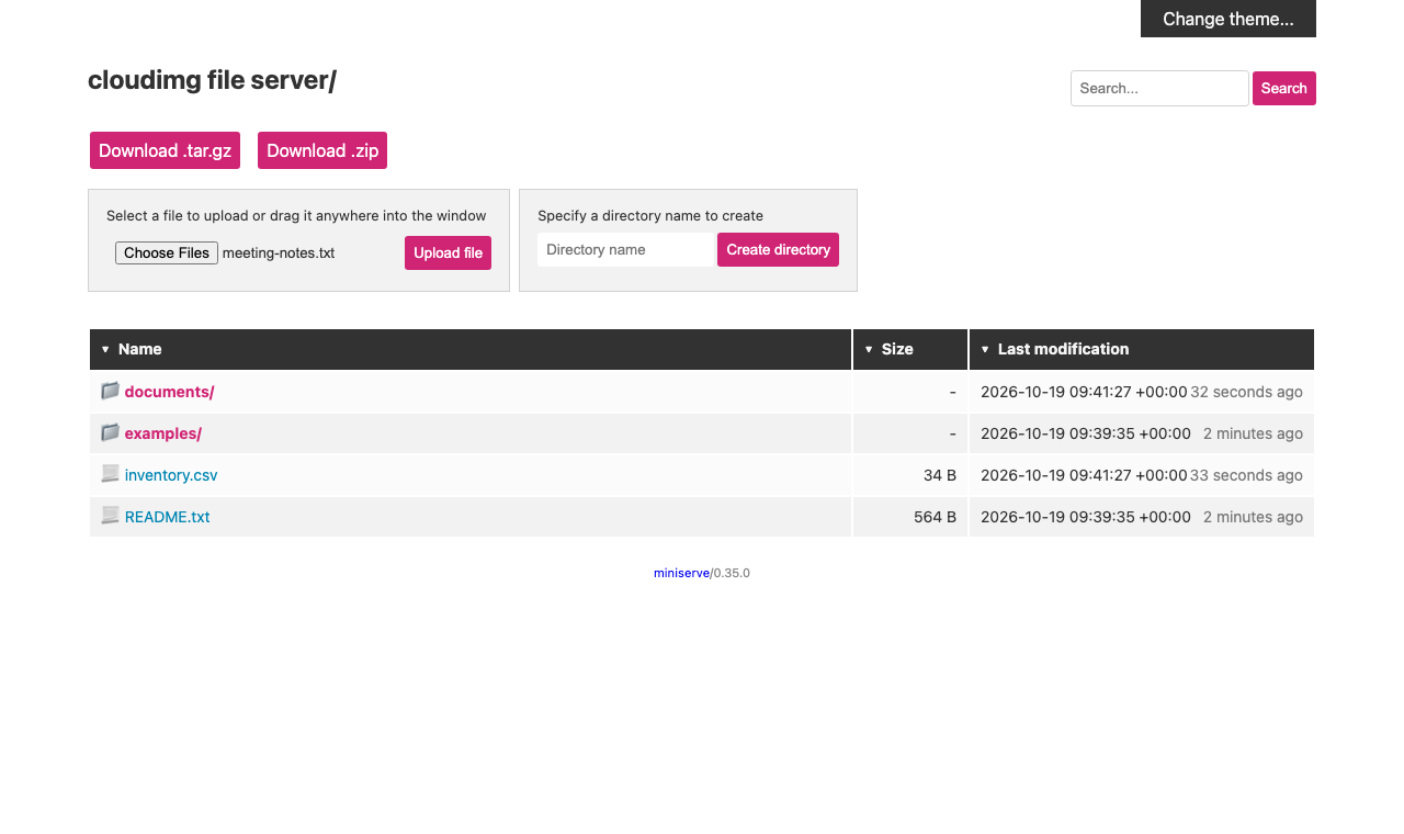 The miniserve upload control with meeting-notes.txt selected and ready to upload, next to the create directory control