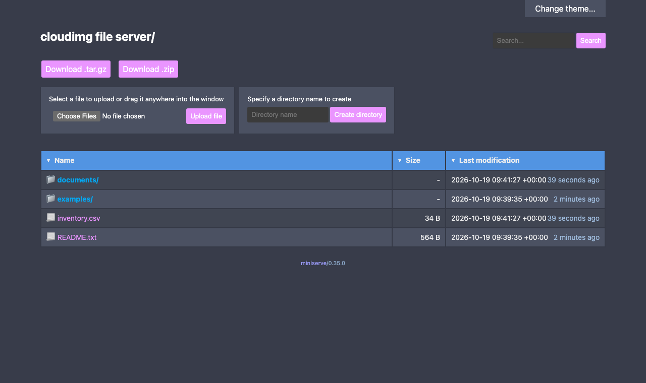 The miniserve listing in the dark colour scheme