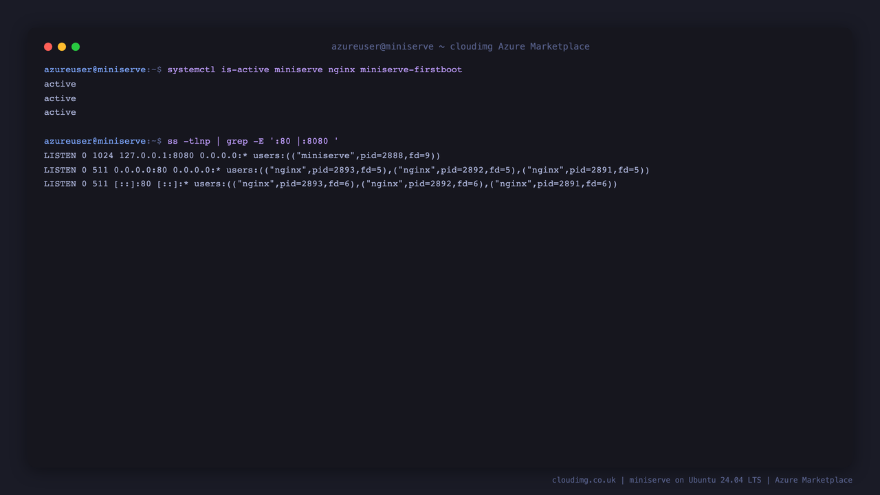 miniserve, nginx and the firstboot service all active, with nginx bound to public port 80 and miniserve bound to loopback 127.0.0.1:8080 only