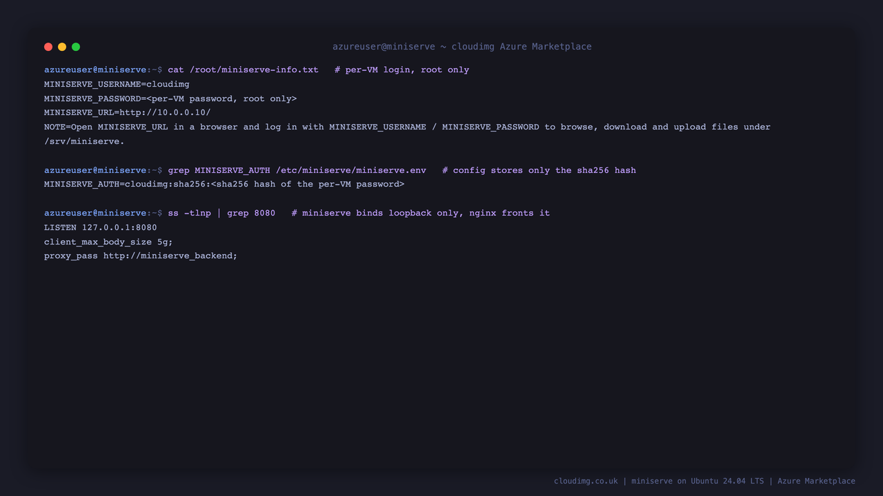 The per VM login note with the password masked, the service configuration storing only a sha256 hash, and miniserve bound to loopback only behind nginx