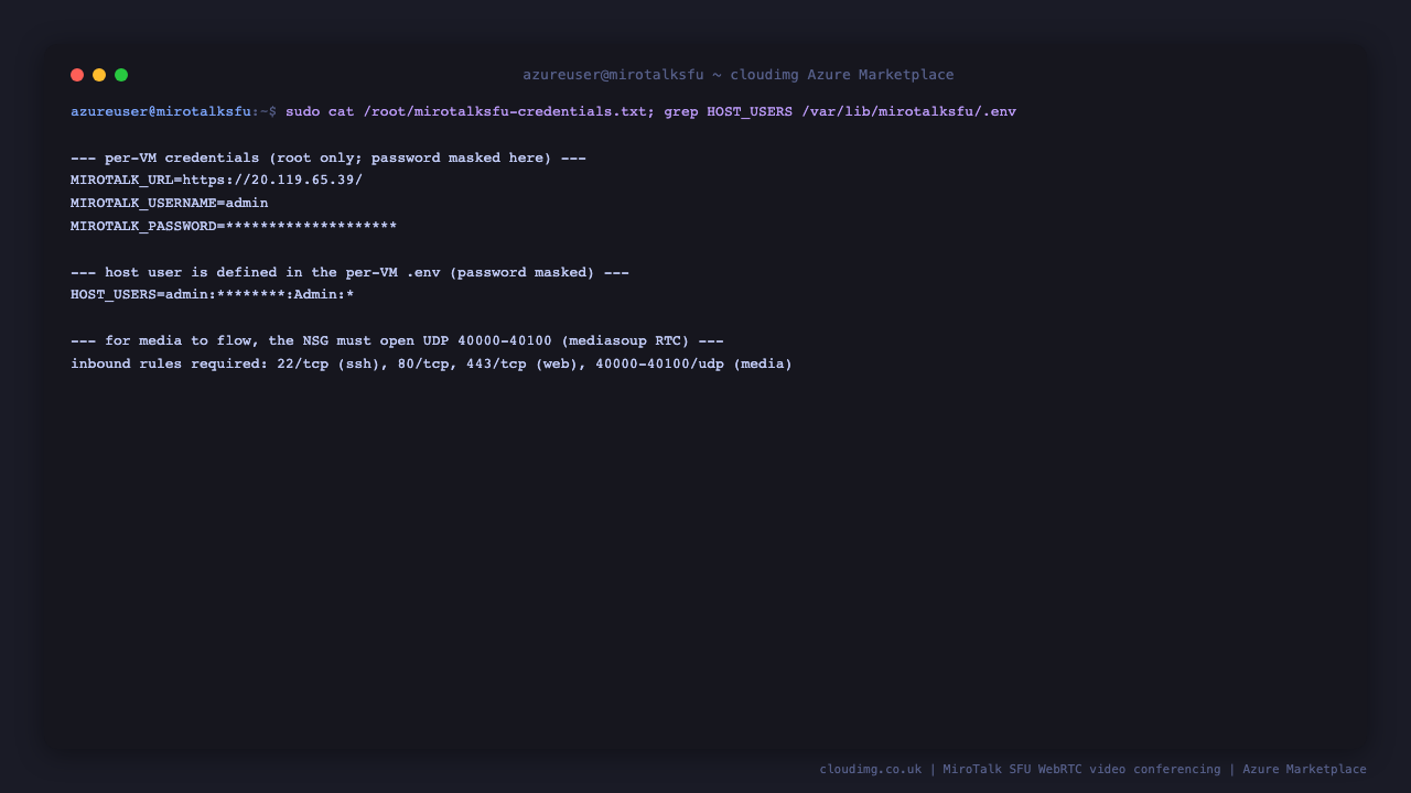 The per-VM credentials file with the host password masked, the host user defined in the environment file, and the reminder that the NSG must open UDP 40000-40100 for media
