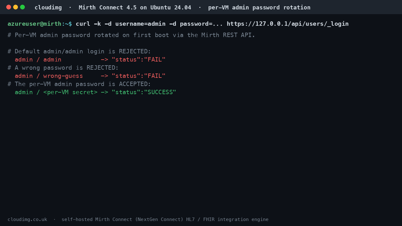 The admin authentication round trip over the REST API: the default admin/admin login is rejected with status FAIL, a wrong password is rejected, and the per-VM password authenticates with status SUCCESS
