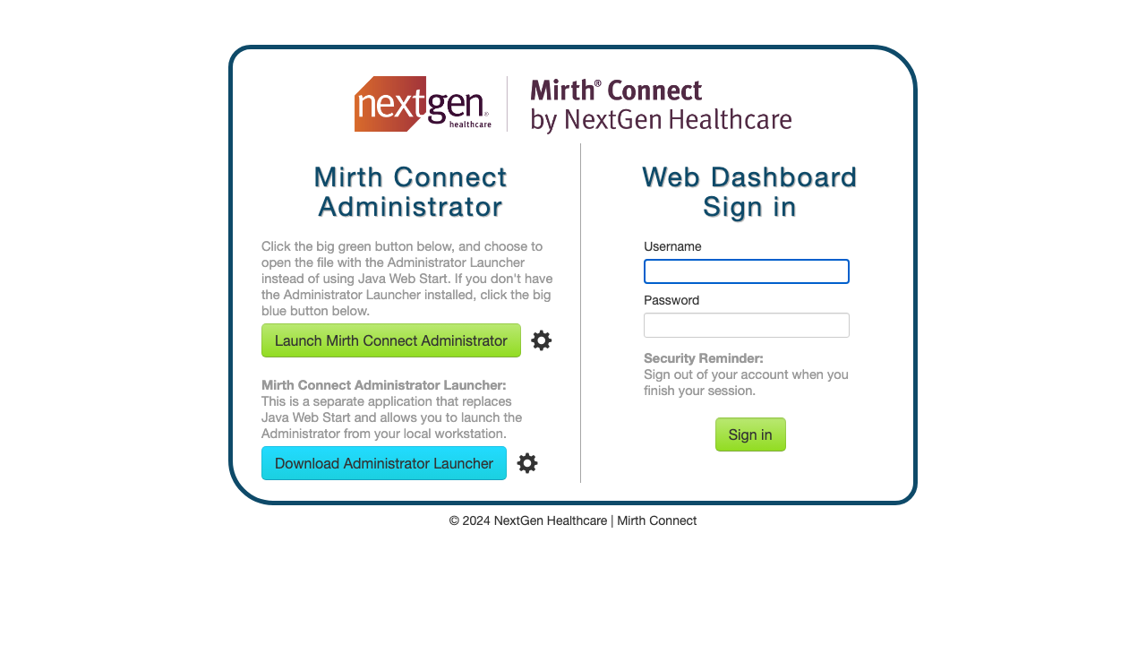 The Mirth Connect Administrator landing page in the browser, with the Web Dashboard sign in form and the button to launch the desktop Administrator