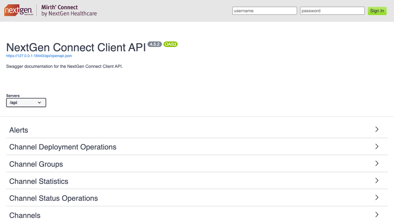 The NextGen Connect Client API Swagger explorer showing the API version 4.5.2 and the endpoint groups including Channels, Channel Deployment Operations, Channel Statistics and Channel Status Operations